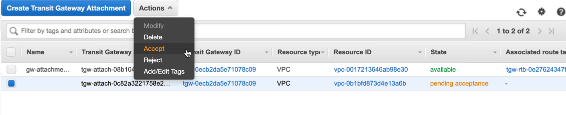 Transit gateway attachment - Accept
