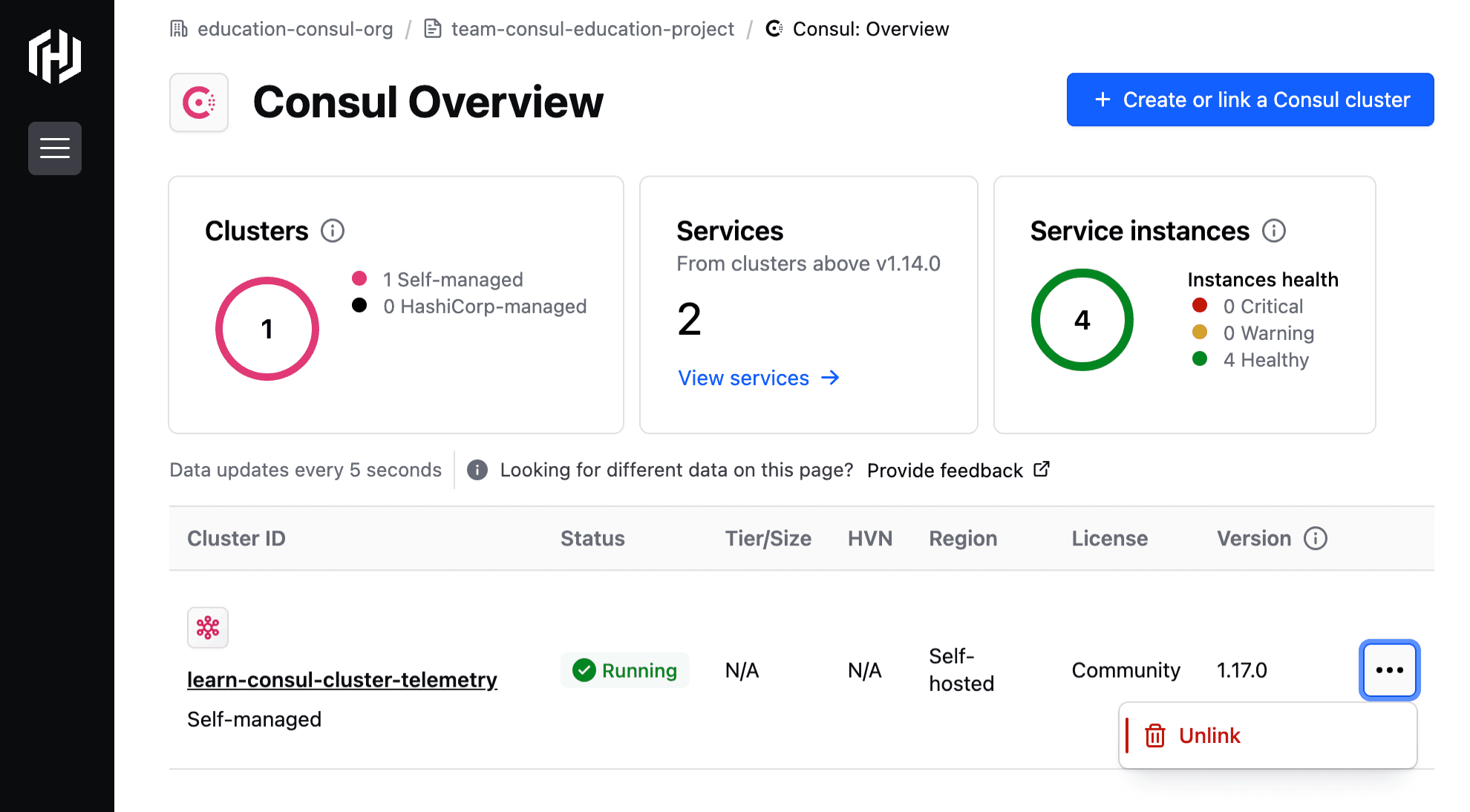 The HCP unlinking option for the self-managed Consul cluster.