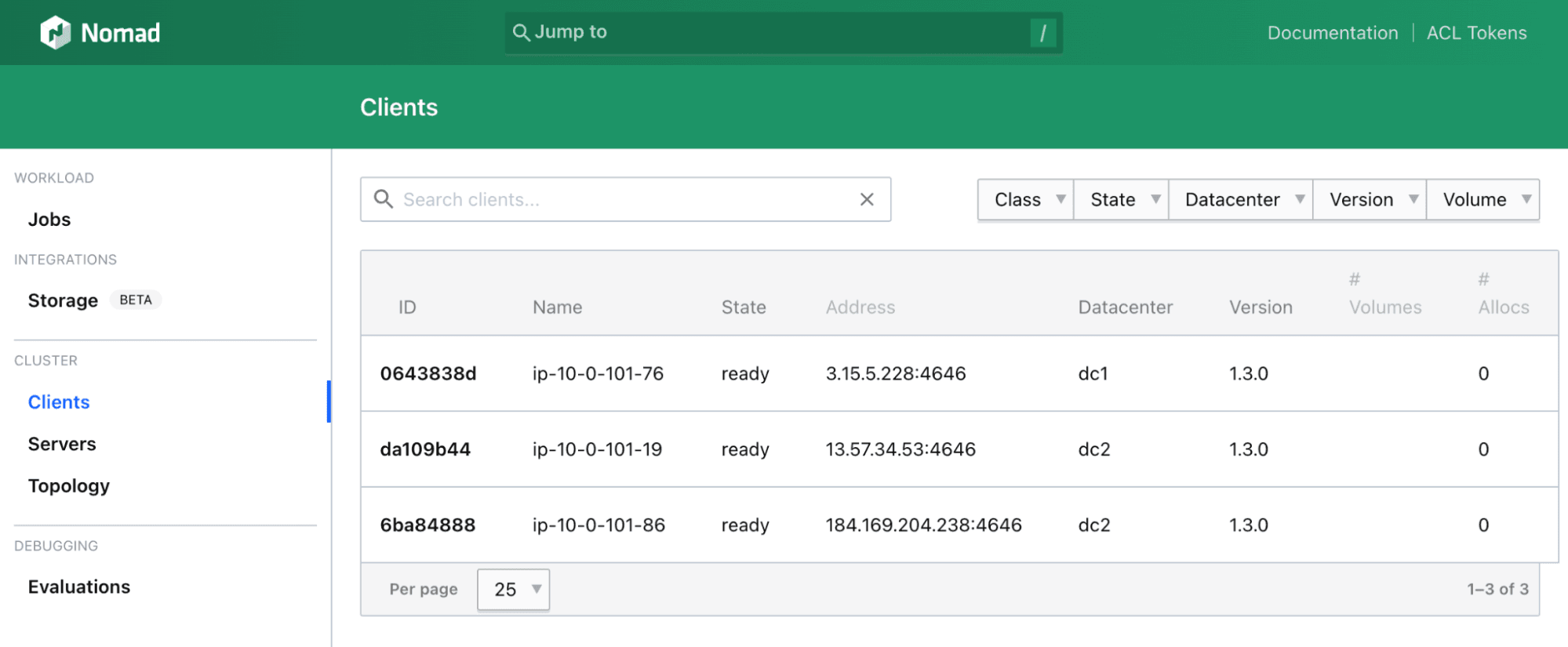 Nomad UI shows three clients across two Nomad data
centers