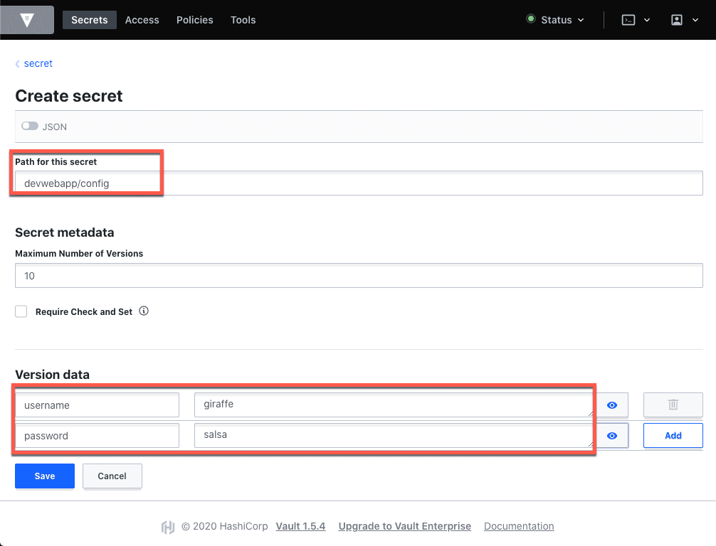 Secrets - new secret with username and password